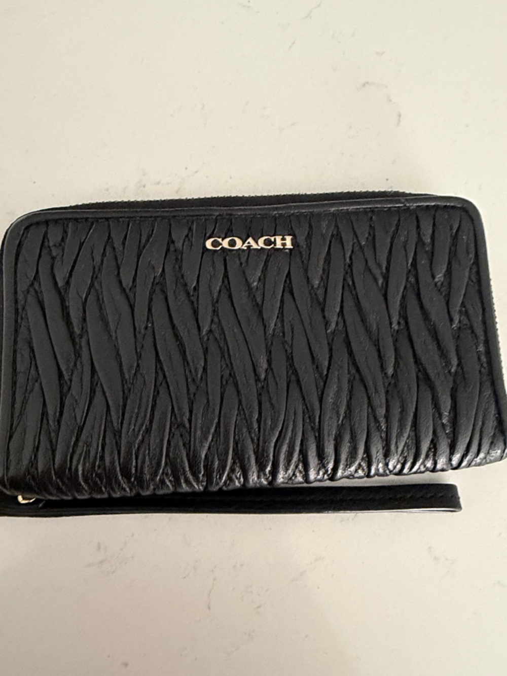 Coach Black Quilted Leather Wristlet with Gold Logo